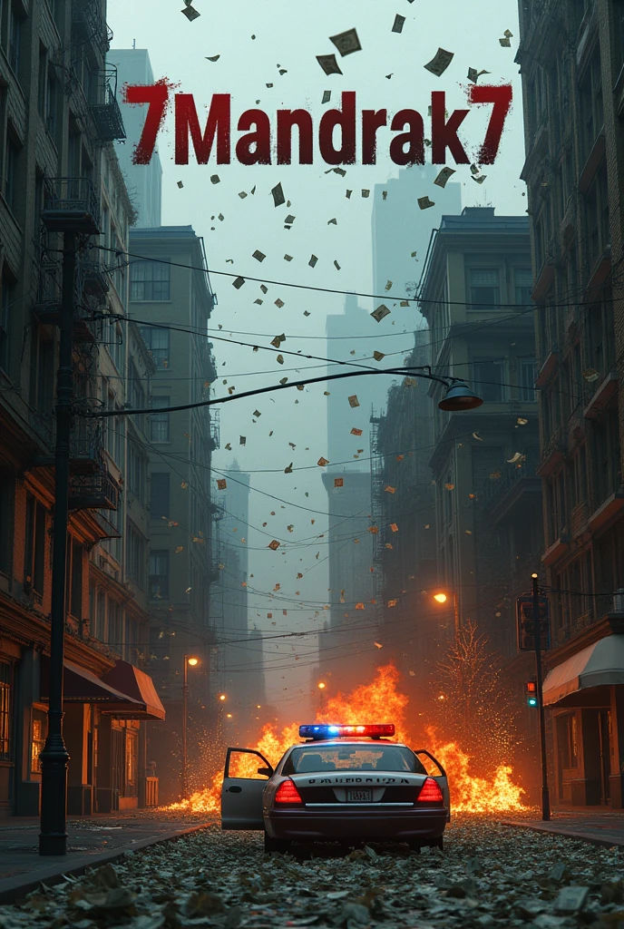 7Mandrak7 written on top of several buildings , police car on fire , money rain 