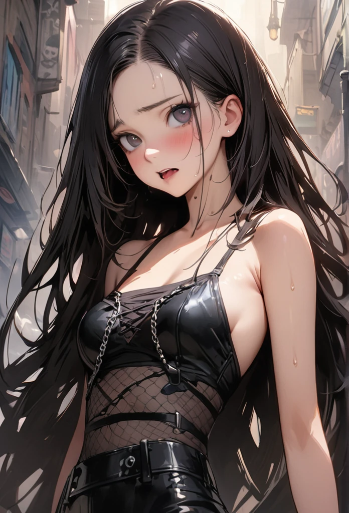 ((masterpiece,Highest quality:1.3,best quality illustration)),realistic,having clothed sex,man on top,cowboy shot,独奏,1woman,(18 year old beauty),black hair,long hair,bangs,black eyes,gorgeous big eyes,((very small head:1.3)),shy,tongue,((very long body:1.2,skinny)),medium breasts,(Punk Fashion,Black leather camisole、Black leather tight mini skirt、black_thighhighs),sweat,gleaming skin,toned body,slender body,(vaginal penis),lying,spread legs,Back Alley、World of Blade Runner、nsfw