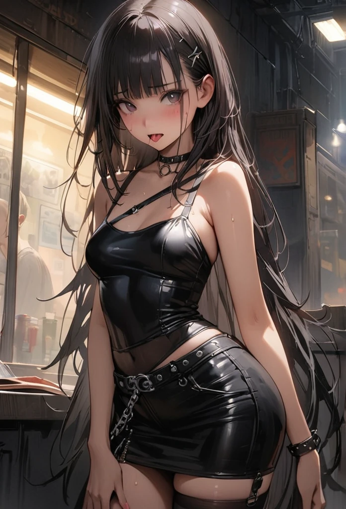 ((masterpiece,Highest quality:1.3,best quality illustration)),realistic,cowboy shot,solo,1woman,(18 year old beauty),black hair,long hair,bangs,black eyes,gorgeous big eyes,((very small head:1.3)),shy,tongue,((very long body:1.2,skinny)),medium breasts,(Punk Fashion,Black leather camisole、Black leather tight mini skirt、black_thighhighs),sweat,gleaming skin,toned body,slender body,orgasm,motion line,kneeling,World of Blade Runner、nsfw