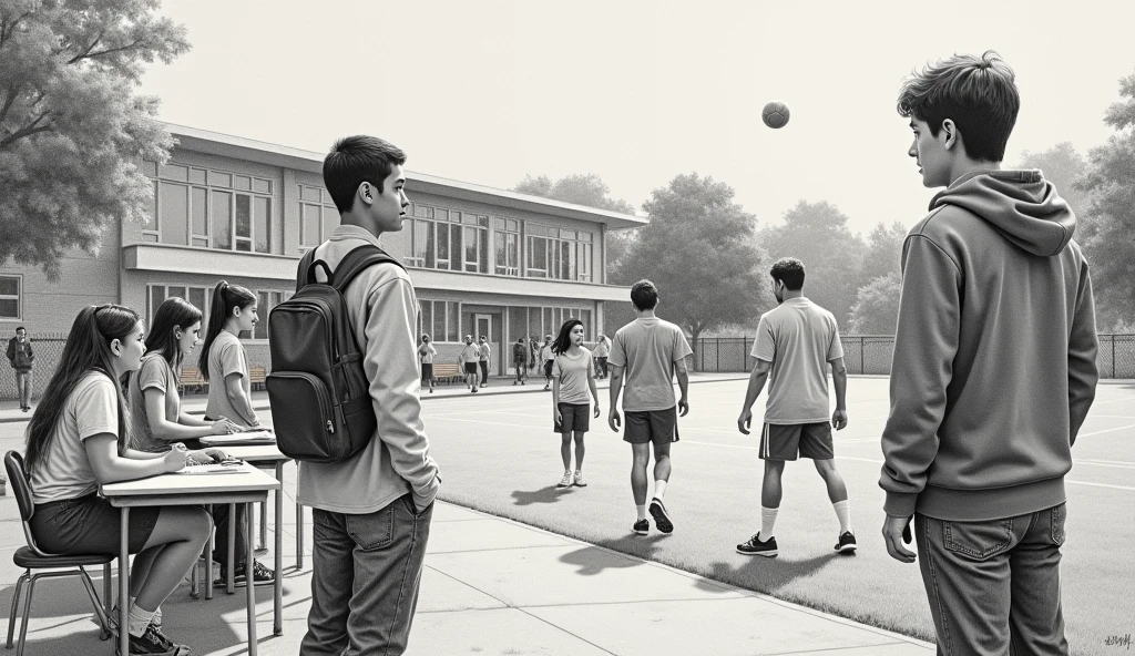 Realistic drawing of a school of teenagers showing learning and football