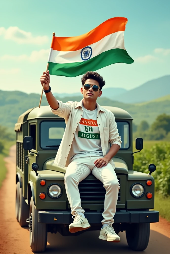 Create an Real image featuring a young man
sitting on the hood of army truck, with Indian's scenic background. He's holding a flag celebrating Indian 15th August. The boy wears a tirnga T-shirt with 'HANSDAH' 15th August printed on it, white jacket, white pants, white shoes and sunglasses."