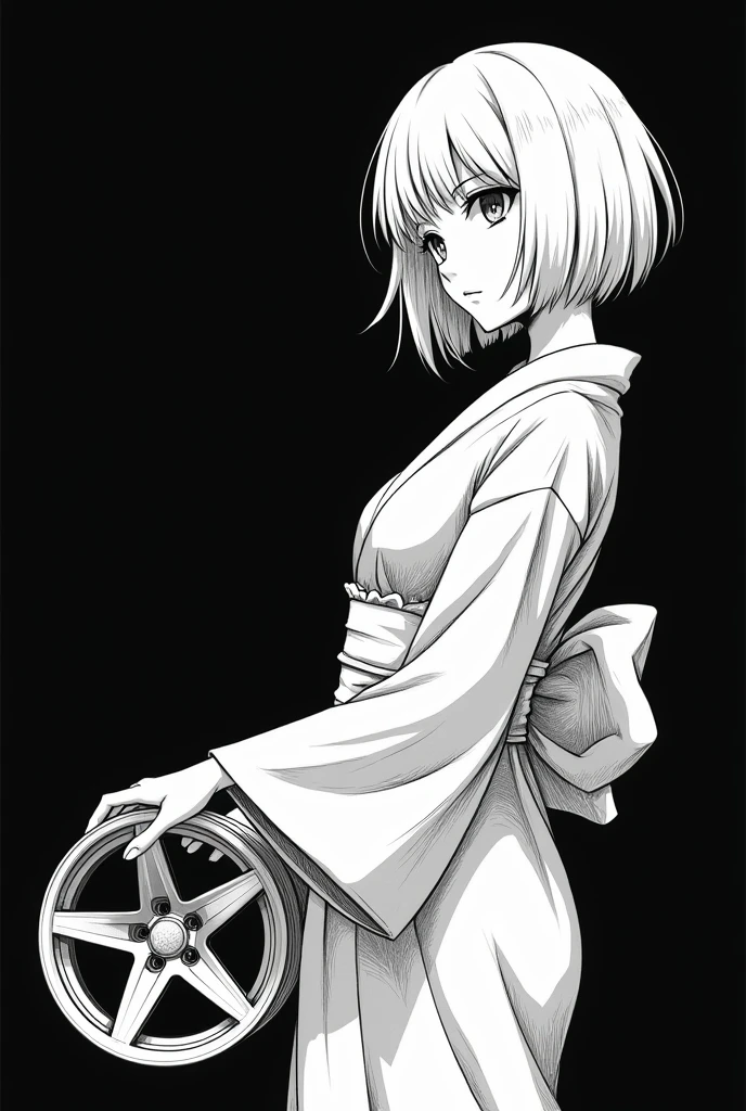 A drawing drawn with only a white pen on a black background. No grey, just black and white. A woman in a kimono holding a car wheel in her hand. Her hair is white. The woman is looking diagonally to the side. Anime-like.　
The length of the hair is bob. The wheel is a six-spoke wheel. Only one wheel is sitting.

