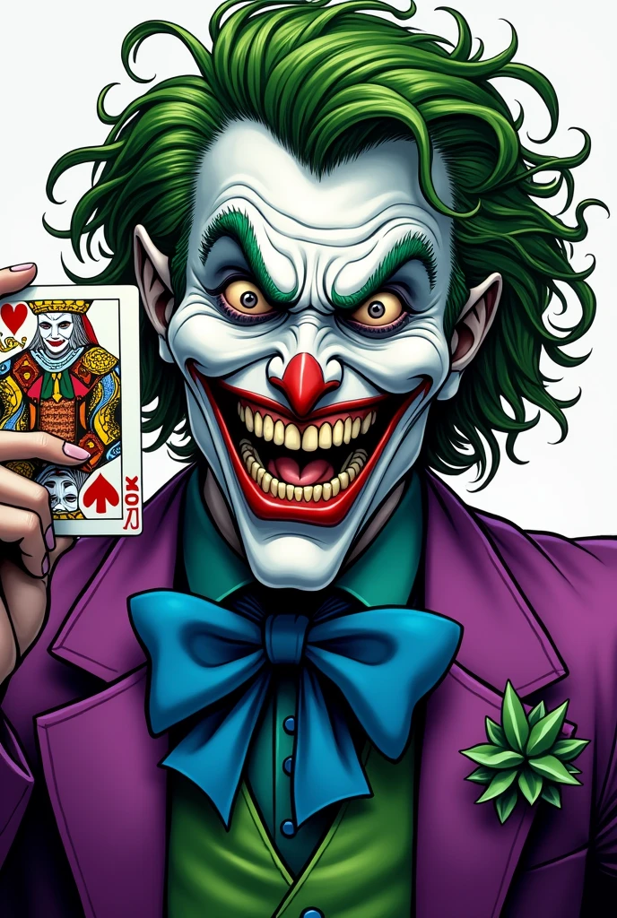 Create an illustration of a sinister, grinning character inspired by the Joker. He has wild, green hair and wears a purple suit with a large blue bowtie and a green vest. His face is pale with a wide, unsettling smile showing sharp, yellow teeth. In his right hand, he holds a playing card featuring a jester,The character's expression is menacing, and the image should have a comic book style with vivid colors and sharp details