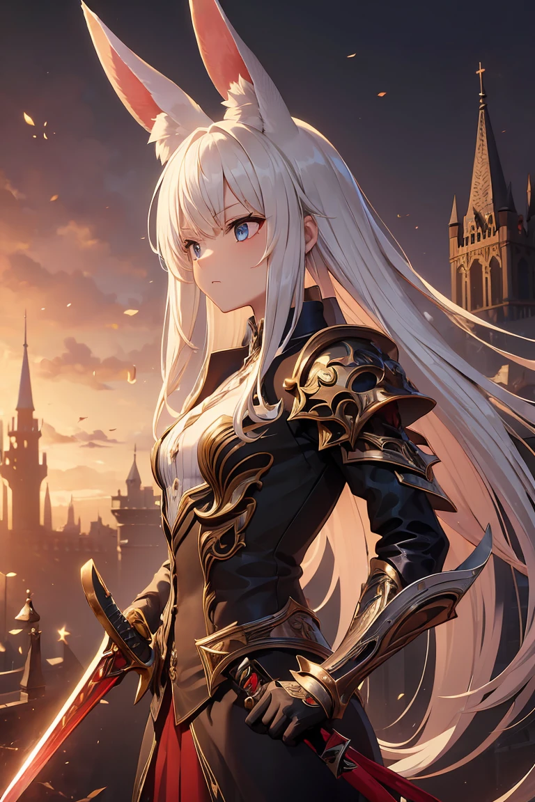 ((masterpiece:1.3)), accurate, textured skin, high details, high quality, high resolution, super detail, 1080P, detailed face, detailed eyes, rabbit ears, white hair, sidelocks, swept bangs, straight hair, shiny hair, big hair, Gothic art, cowboy shot, ((sword)), fluted armor, Background (abandoned castle, old castle), ribbon, rabbit tail, from side