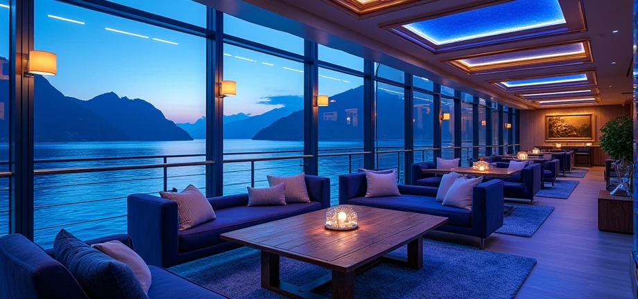 A large hall inside a cruise ship Night view Luxury Resorts Highly detailed landscape, Nice views, Shimizu, Relaxing lounge area, Impeccable service, Delicious cocktails, 海のNight viewビューを楽しめる高級レストラン, Quiet and tranquil atmosphere, romantic, Modern interior with blue as the main theme rich and vivid colors, Luxury and sophistication, Surreal,Highest quality