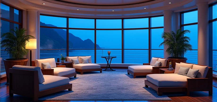 A large hall inside a cruise ship Night view Luxury Resorts Highly detailed landscape, Nice views, Shimizu, Relaxing lounge area, Impeccable service, Delicious cocktails, 海のNight viewビューを楽しめる高級レストラン, Quiet and tranquil atmosphere, romantic, Modern interior with blue as the main theme rich and vivid colors, Luxury and sophistication, Surreal,Highest quality