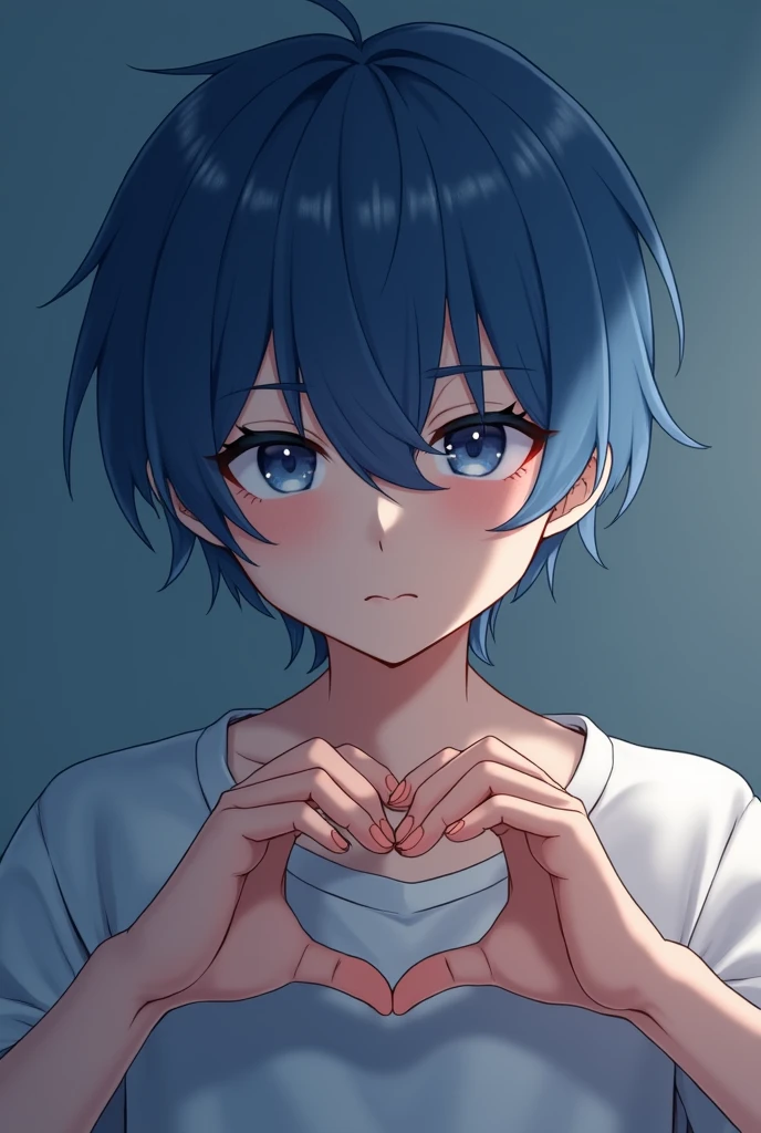 Blue short hair,Boys,Hair covering right eye,Hands making a heart,gentle,Selfie,Get the blues,Half Body