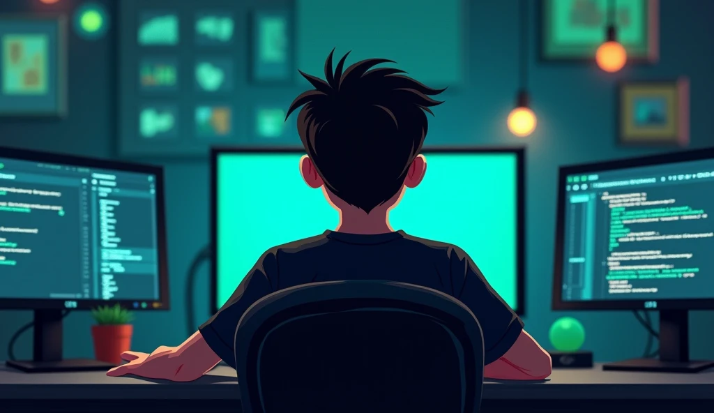 I want a background with screens and green and blue LED lights and in the middle there is an 18-year-old boy with a black t-shirt sitting in a desk chair with his back to the screens in a cartoon style and the image is 1024 * 576 pixels in size