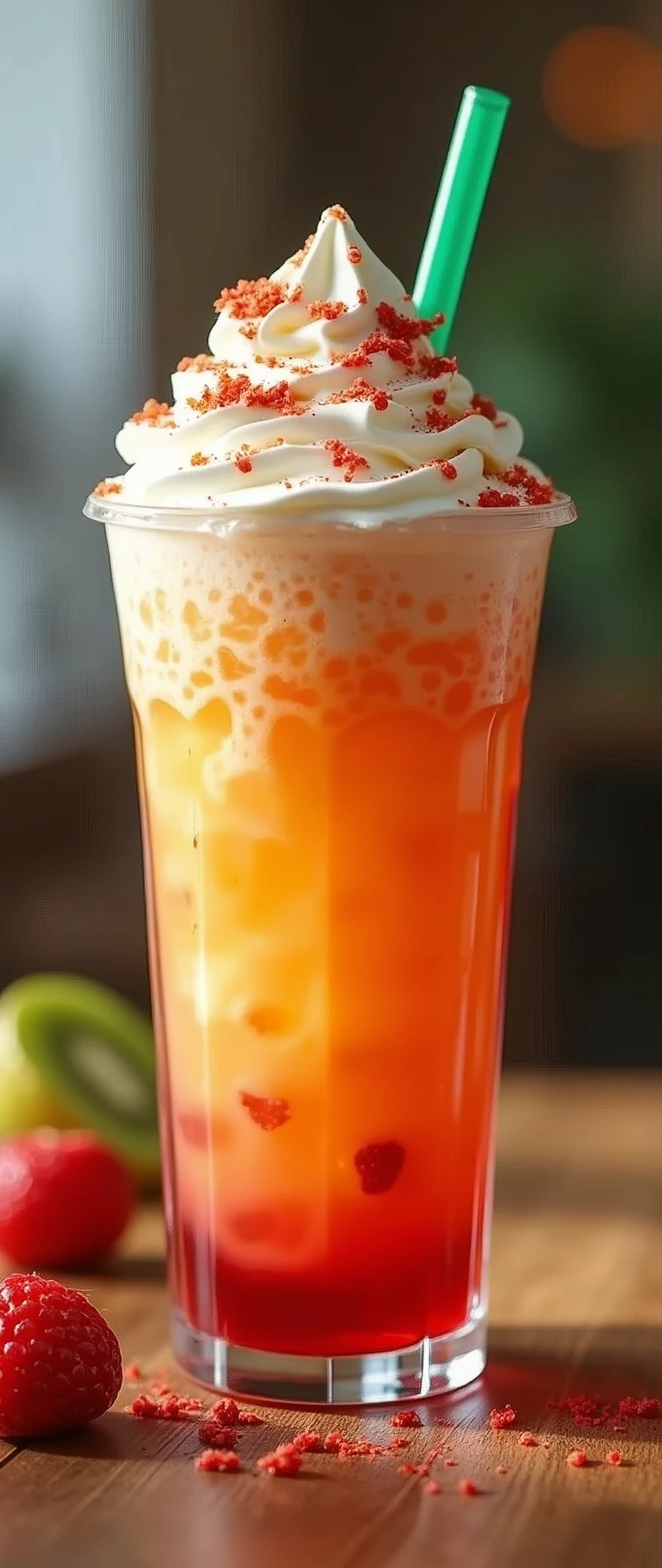 (masterpiece:1.2, Highest quality,Highest quality,Very detailedな:1.2),(Very detailed),8k,(Realistic),(RAW Photos:1.2),(1 female),(Please display this summer's new fruit Frappuccino in an appetizing way.,Stylish tableware,Stylish coffee shop),(Stylish Photos),(Cool looking photo),(Detailed depiction down to the last detail)