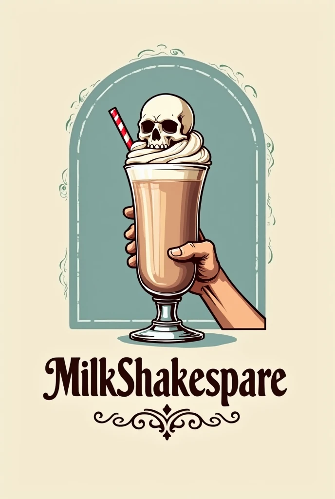 a logo for a coffee shop, with a shakespare hand holding a milkshake with whipped cream and on top of the whipped cream a skull. Below the name “MilkShakespare” in brown and blue tones