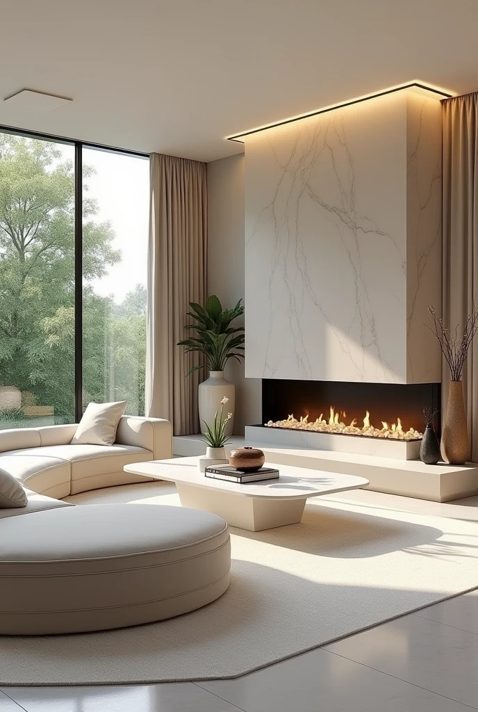 Professional 3d architecture rendering design of modern and minimal big curve very light  cream velvet sofa and white marble slab stone middle table and  modern ceiling lighting and modern windows and beautiful curtains and white marble slab stone modern fireplace and modern green space and modern and elegant accessories 