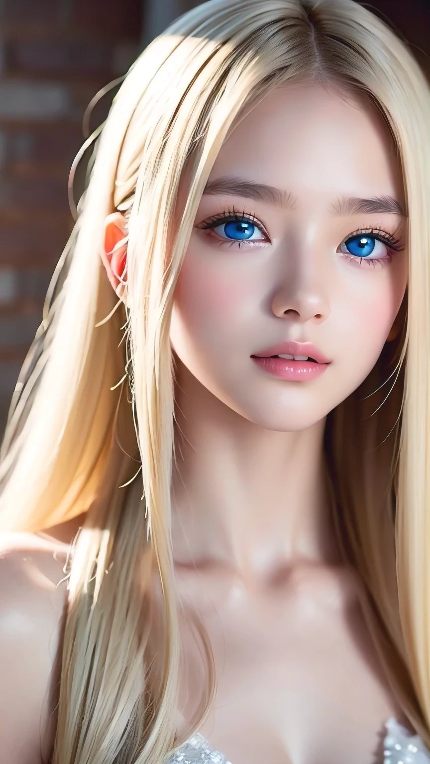 Crystal clear and shiny skin、Cute  13 year old with beautiful face、Very large, beautiful, bright, pale sky blue eyes、Very big eyes、Super long straight hair that shines in the light、Long, silky bangs that cover her cute eyes、Hair that hides sexy features、too long bangs、Sexy and cute young beauty、Super long natural young blonde hair with sparkling highlights Blonde over one eye Blonde over one eye、Blonde hair between the eyes