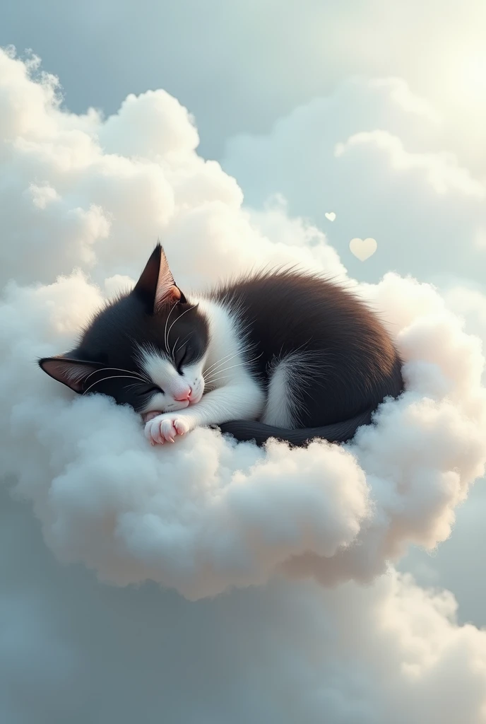 tuxedo kitten sleeping on a cloud