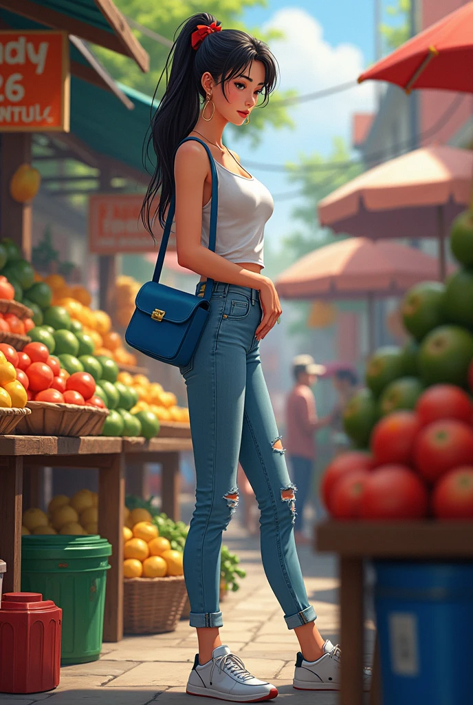 A tall white girl with thick lips, black hair with red tied up, at a fruit stand wearing a short blue strap bag, torn pants and shoes taken, a fruit set, sports shoes. The sign says Wendy and below it says kilometers 26 and she is serving a customer.