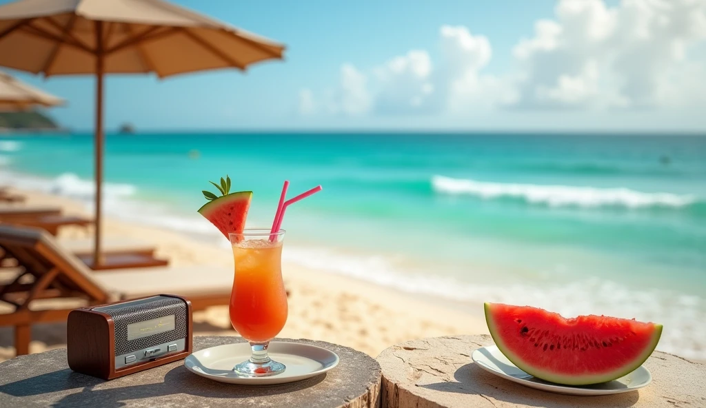 Sandy beach with waves, There are parasols, sunbeds and tables., There is a cool cocktail with a straw on the table, a radio and a tray., There is a delicious looking watermelon on the plate..