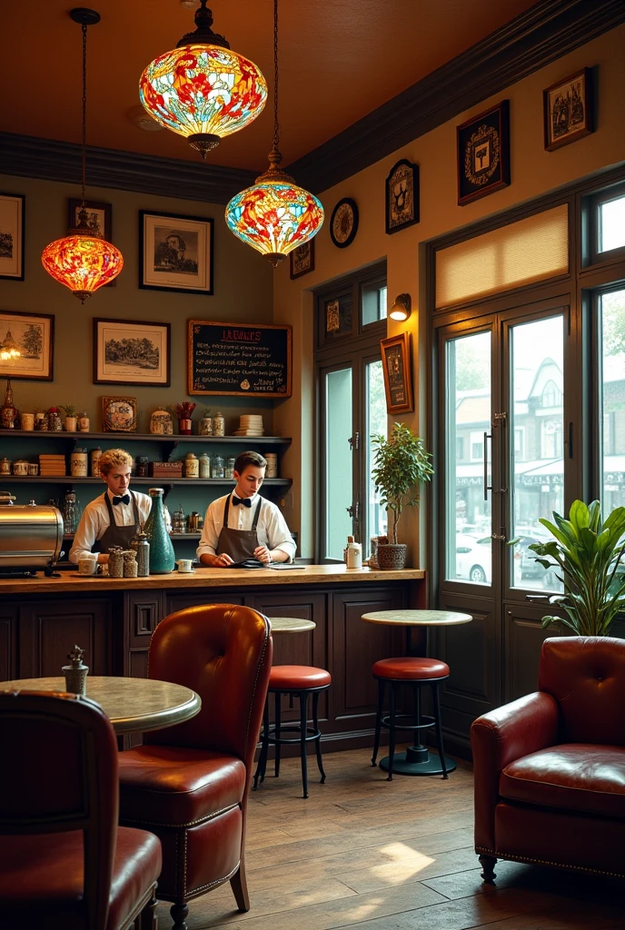 Photo of the interior of a retro coffee shop with stained glass lights