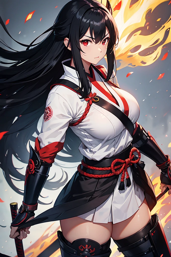 female big breast samurai armor long black hair red eyes fire