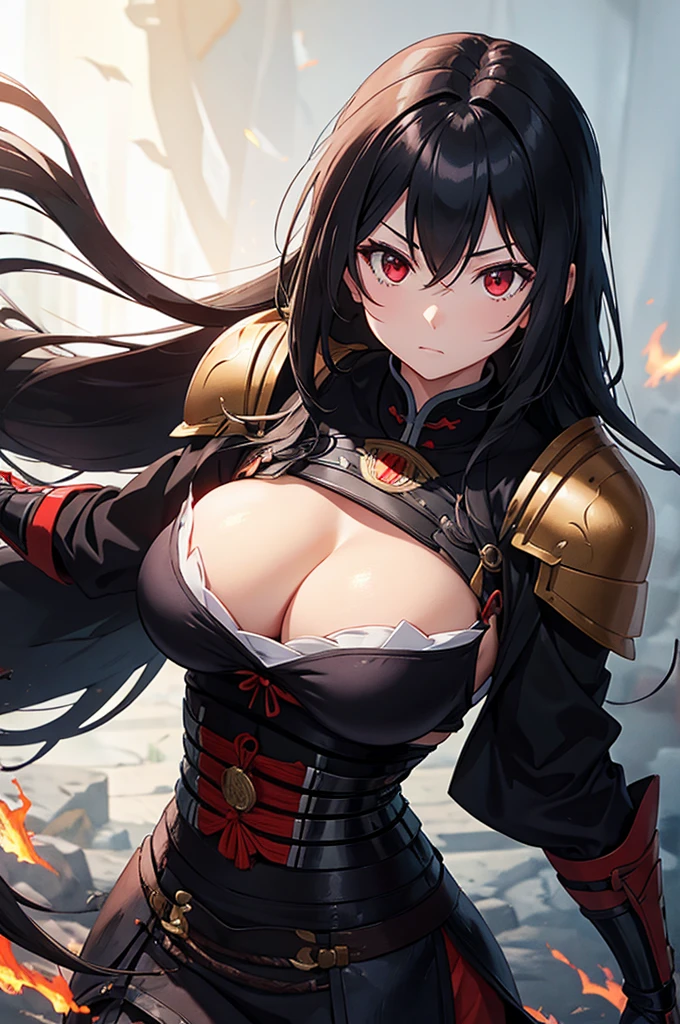 female big breast samurai armor long black hair red eyes fire