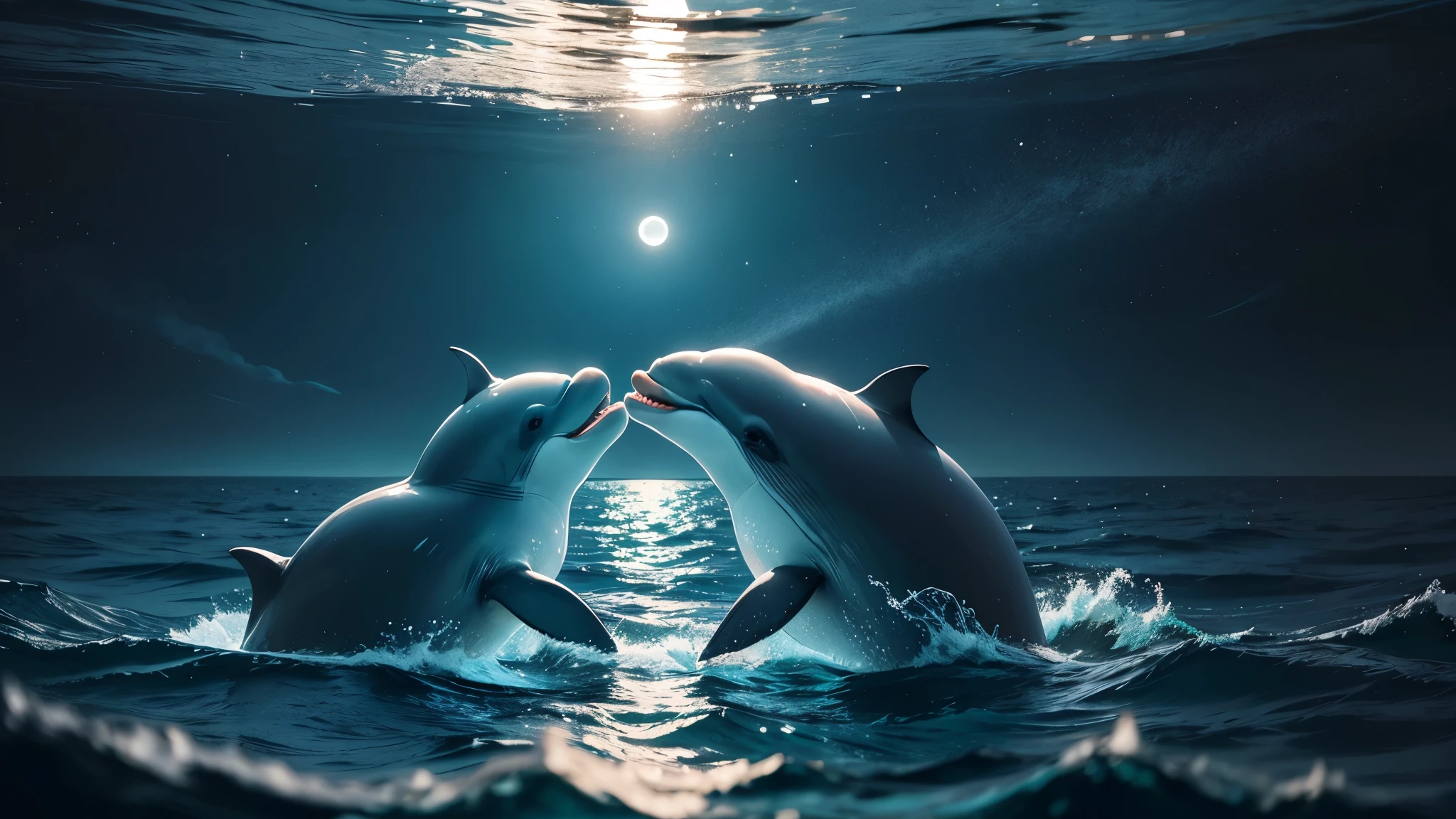 Two dolphins,Swimming on the surface of the ocean at night,moonlight,Pretty face,Calm water surface