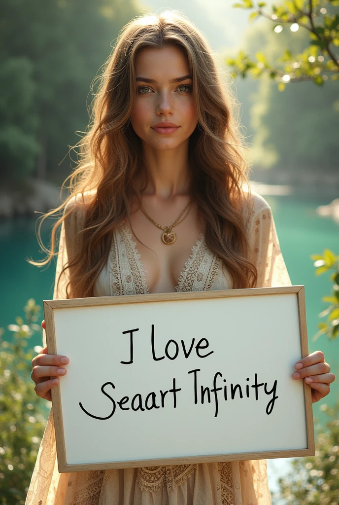 Beautiful girl with wavy long hair, bohemian dress, holding a white board with text "I Love Seaart Infinity" and showing it to the viewer