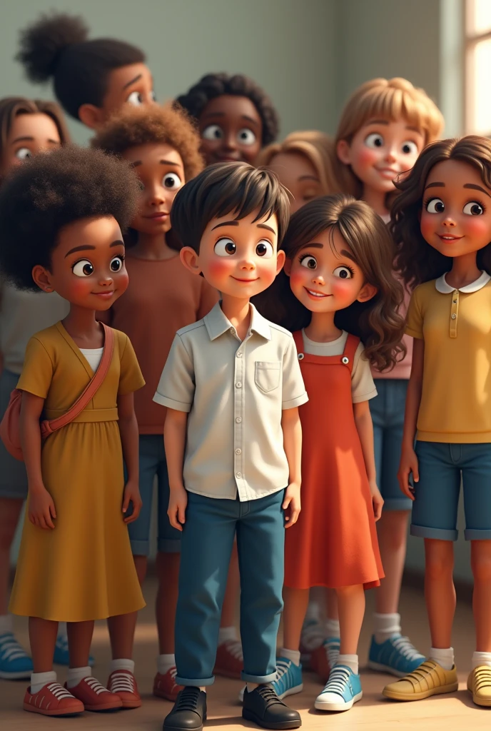 The heterogeneity of individuals refers to the differences and diversities that exist between people., such as cultural identity, ethnic, of genre, sexual orientation, physical and mental abilities, among other. Recognizing and respecting this diversity is crucial to building inclusive and fair societies.. Let them be school children with children from another country of another skin color the main child being a boy With white dress shirts, blue pants and black shoes