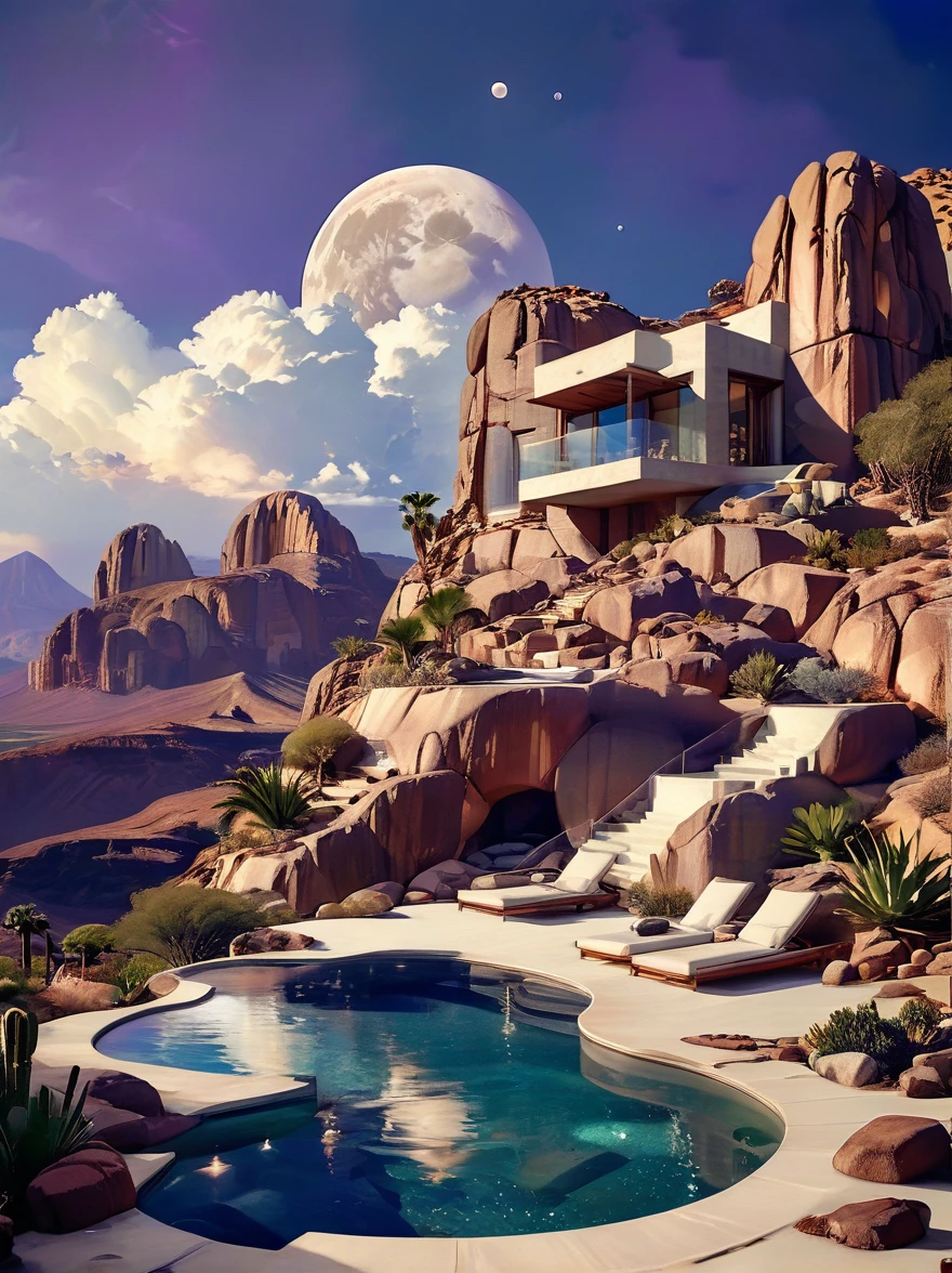 small and beautiful modern house in top of big boulders, terraces, pool, stairs, multiple cacti gardens, palms, trees, rocks, beautiful landscape design, mountains and volcano y background, amazing clouds, sun, moon, planets, milky way galaxy, concrete, wood, glass and steel materials, olive green, violet, orange and withe colors in facade