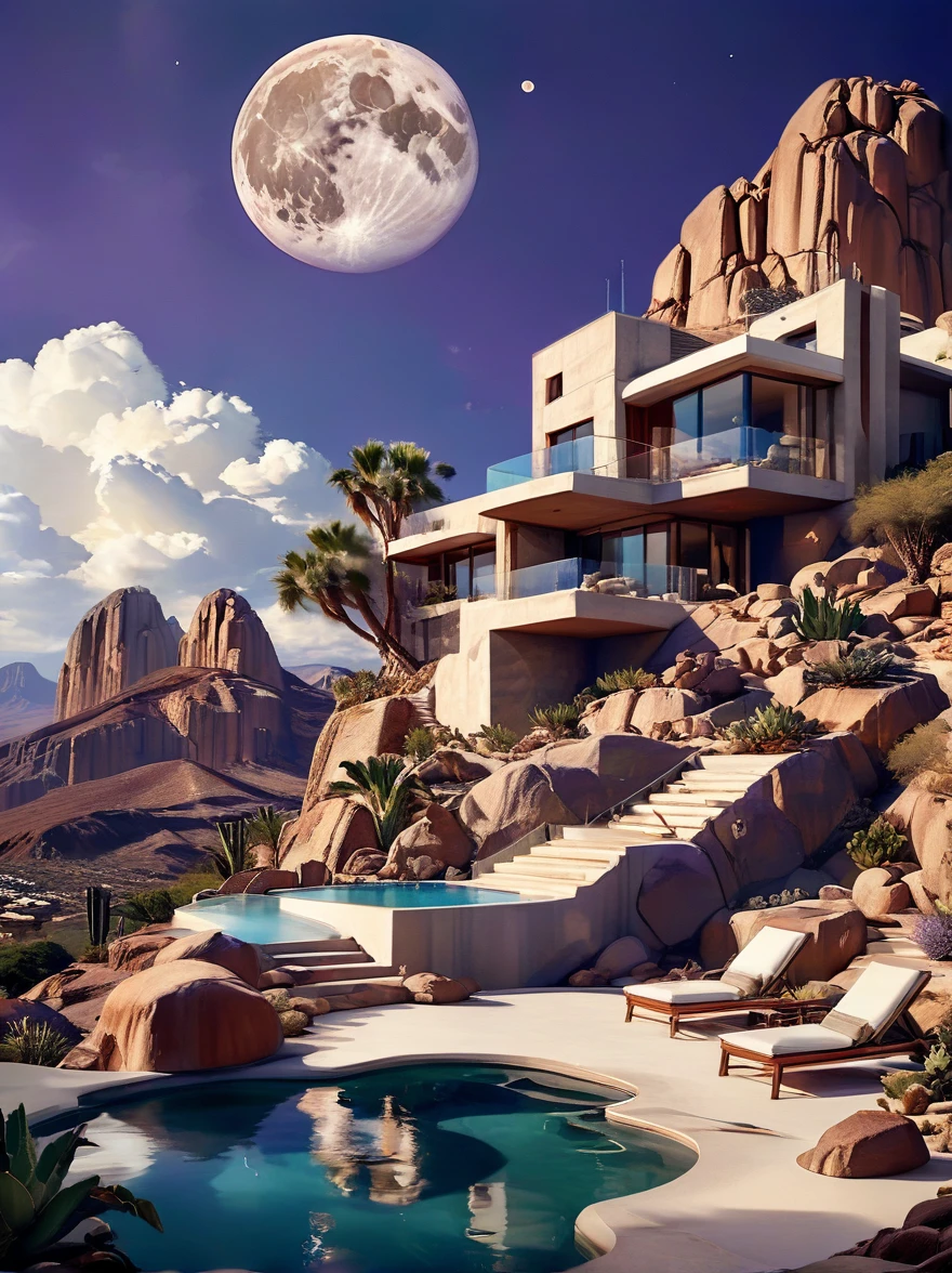 small and beautiful modern house in top of big boulders, terraces, pool, stairs, multiple cacti gardens, palms, trees, rocks, beautiful landscape design, mountains and volcano y background, amazing clouds, sun, moon, planets, milky way galaxy, concrete, wood, glass and steel materials, olive green, violet, orange and withe colors in facade