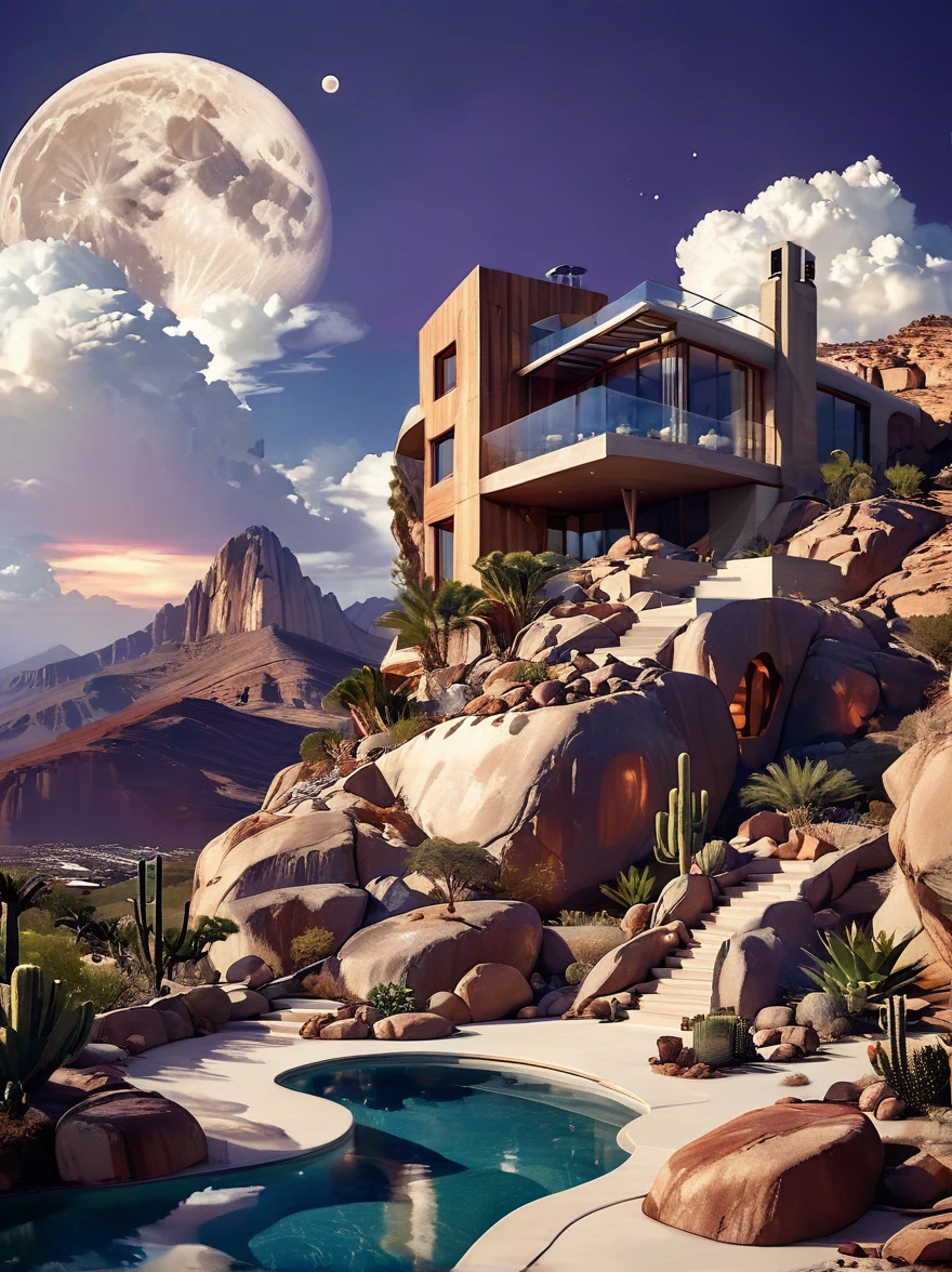 small and beautiful modern house in top of big boulders, terraces, pool, stairs, multiple cacti gardens, palms, trees, rocks, beautiful landscape design, mountains and volcano y background, amazing clouds, sun, moon, planets, milky way galaxy, concrete, wood, glass and steel materials, olive green, violet, orange and withe colors in facade