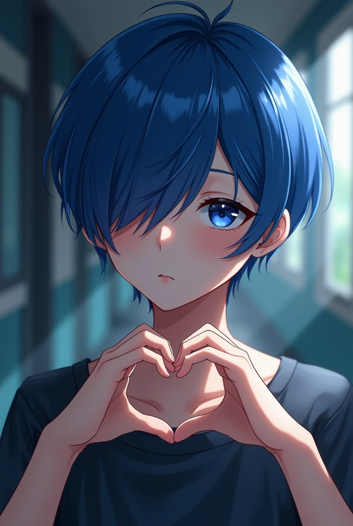 Blue short hair，Boys，Hair covering right eye，Hands making a heart，gentle，Selfie，Get the blues，Half Body，High School Students
