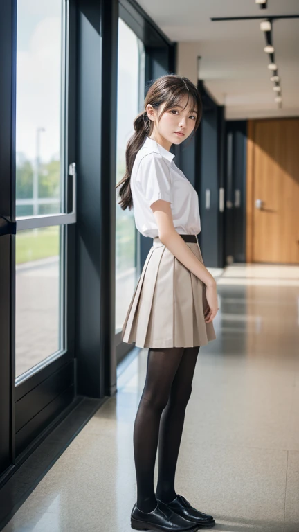 (((alone))),(((1 Girl))), beautiful, shape, Highly detailed skin, masterpiece, Highest quality, Highly detailed face, Vibrant colors, Written boundary depth, Cinema Lighting,, One Girl, alone, Brown eyes, Brown Hair, hair ornaments,Long Hair,Green Check Skirt,, White shirt, ,masterpiece Highest quality 高解像度、, Long Hair, Sit with your knees bent、eight-headed body、beautiful足 、Bright room、As if looking up from below、Embarrassing,Browsing Caution,Camel Toe