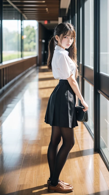 Great quality、8k、flying debris、(RAW Photos:1.4)、High resolution、((Composition away from the subject))、((Full body photo from face to ankles))、((Perfect Anatomy))、1 female 18 years old、Small stature、Detailed skin、Glowing Skin、、double eyelid、eyes with long eyelashes、Small face、smile、Open your mouth、ponytail、Staring out the window in the school hallway、Stretch your back、The windows provide natural light、Realistic school scenery、middle Scand delicate body、Small breasts、White shirt、girl 、Check skirt、healthy、young woman、black tights、black tights、Black knee-high socks、Brown loafers、loafers、Full Body Shot、Beautiful Hairstyles、Accentuates very slim legs