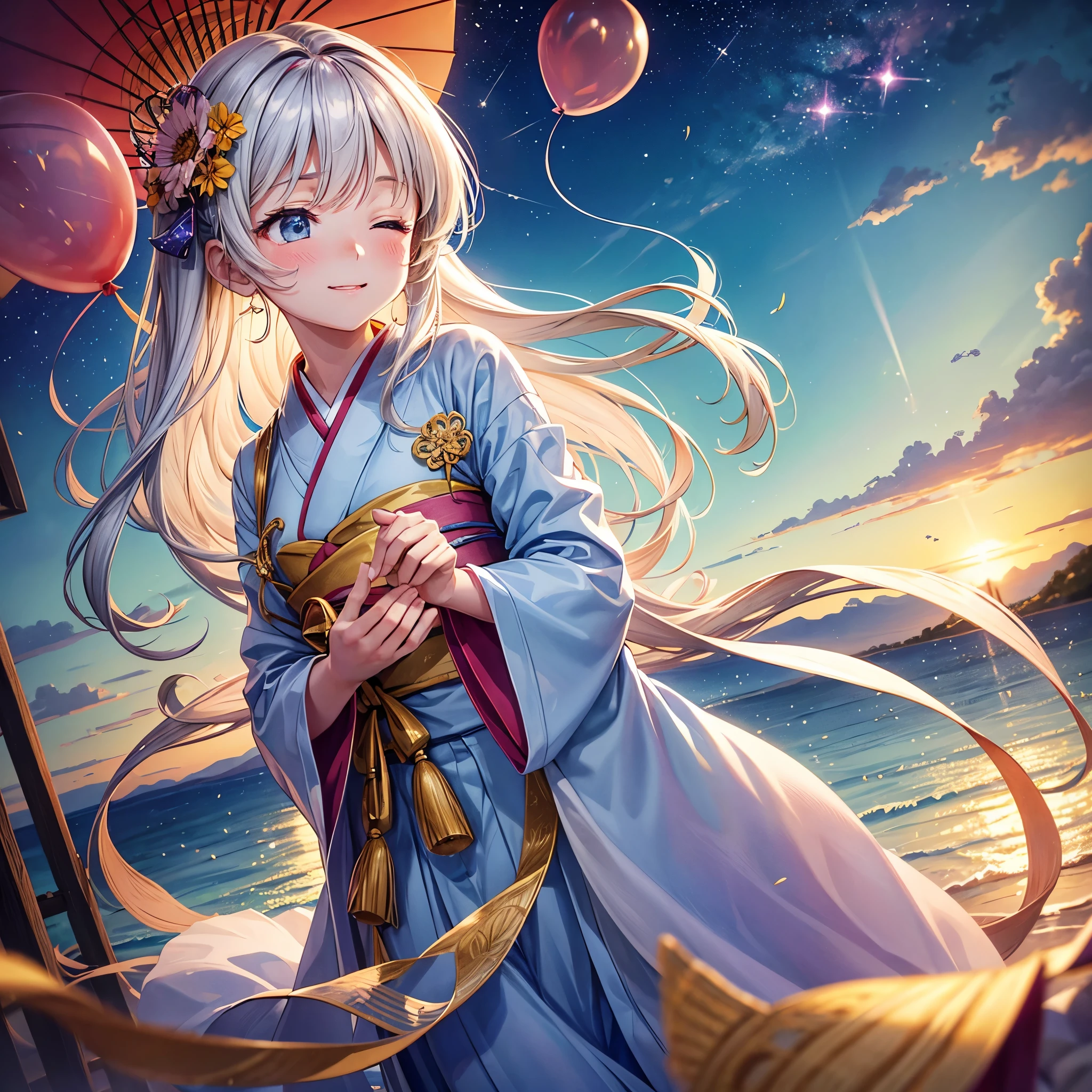 Anime Profile PictureCreate an enchanting and vividly detailed anime-style illustration that captures the essence of joy and serenity. The focal point is a young girl, around , who exudes an aura of pure happiness. She is dressed in a traditional white yukata, a garment that symbolizes simplicity and purity. The yukata is intricately designed with subtle patterns of cherry blossoms, barely visible but adding a layer of depth to the garment. The sleeves of the yukata are long and flowy, catching the gentle breeze, which causes them to flutter softly around her.
The girl's hair is short and black, with slight waves that suggest it has been tousled by the wind. Each strand is meticulously detailed, with some catching the light and creating a natural sheen. Her hair frames her face perfectly, which is illuminated by her radiant smile. Her eyes are closed in bliss, and her cheeks are slightly flushed, indicating the overwhelming joy she feels. The artist should focus on capturing the genuine emotion of her expression, making it the heart of the illustration.
In her hands, she holds several translucent balloons, each one tethered to her by delicate ribbons that dance in the breeze. The balloons are not ordinary; they are ethereal, with surfaces that shimmer like soap bubbles, reflecting a spectrum of colors—pinks, blues, purples, and greens. The light interacts with the balloons in a magical way, causing them to glow softly. Some balloons have small, intricate patterns on them, resembling constellations or tiny galaxies, adding a sense of wonder to the scene.
The setting is an open field under a clear, bright blue sky. The sky is dotted with a few fluffy clouds that are painted with a hint of gold from the sunlight. The sunlight is warm and gentle, casting a soft golden glow over everything it touches. The field is vast and stretches out to the horizon, covered in tall grasses that sway gently in the wind. Among the grasses, there are wildflowers of various colors—d