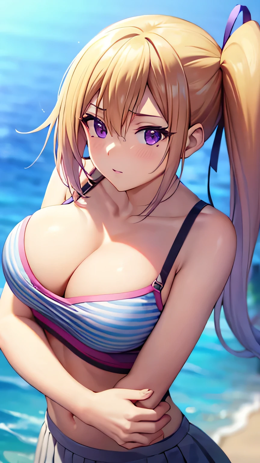 Perfect composition,masterpiece, (Highest quality), Adult women, bionde, Hair length, Side Ponytail, Purple eyes,sweater, skirt,Huge Cleavage,Sexy woman, Embarrassing,blush, Bright colors,,Natural soft light,RTTX 10.0, (Detailed face:1.2), Showcase, (Perfect Eyes:1.1) ,(Photorealistic:1.1), 8k Ultra HD, Look at the viewers, Seaside, beach, Simple Background,(Cleavage:1.4),Tremendously large bust,Huge bust,(throw,Close-up shot:1.2),From the top of the head to the waist,