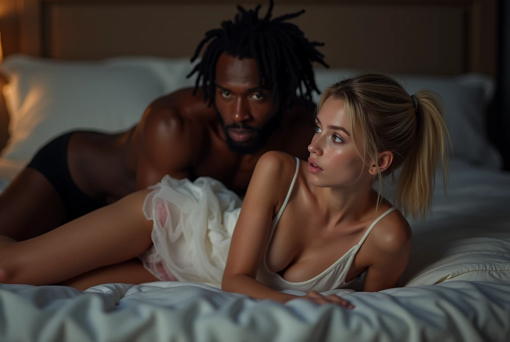 (Photorealsitic:1.4), (masterpiece:1.3), (top-quality:1.4), ultrarealistic
sexy well proportioned, full body of
((innocent and (sexy) little 28 years woman) and
(tall (muscular) black man )),
man lycra black briefs, powerful jaw, dreadlocks, detailed medium dreadlocks, dominant, big muscular arms, wide chest, narrow waist, strong legs, clean face,
she bright expression, extremely beautyful, amazing beautyful, Extraordinary beautiful, Detailed cute and beautiful face, beautiful big blue eyes,freckles, short ponytail blonde hair, perky small nose, narrow jaw, Beautiful bangs, Glowing white shiny skin, Bangs that extend to the face, tight body, tonned abs,
(cozy night bedroom),
alternative vibe,vibrant lighting, high contrast,dramatic shadows,highly detailed,detailed skin,depth of field,dynamic angle,glimmer lighting, film grain,
woman (white plane gauze bra, pink undies)
man lycra thong,
woman lying over bed in prone position, man over her backp in push up position looking at her hips with desire, sexy bite lips , 5 toes, perfect feet, passionate pose, perspective, perfect body