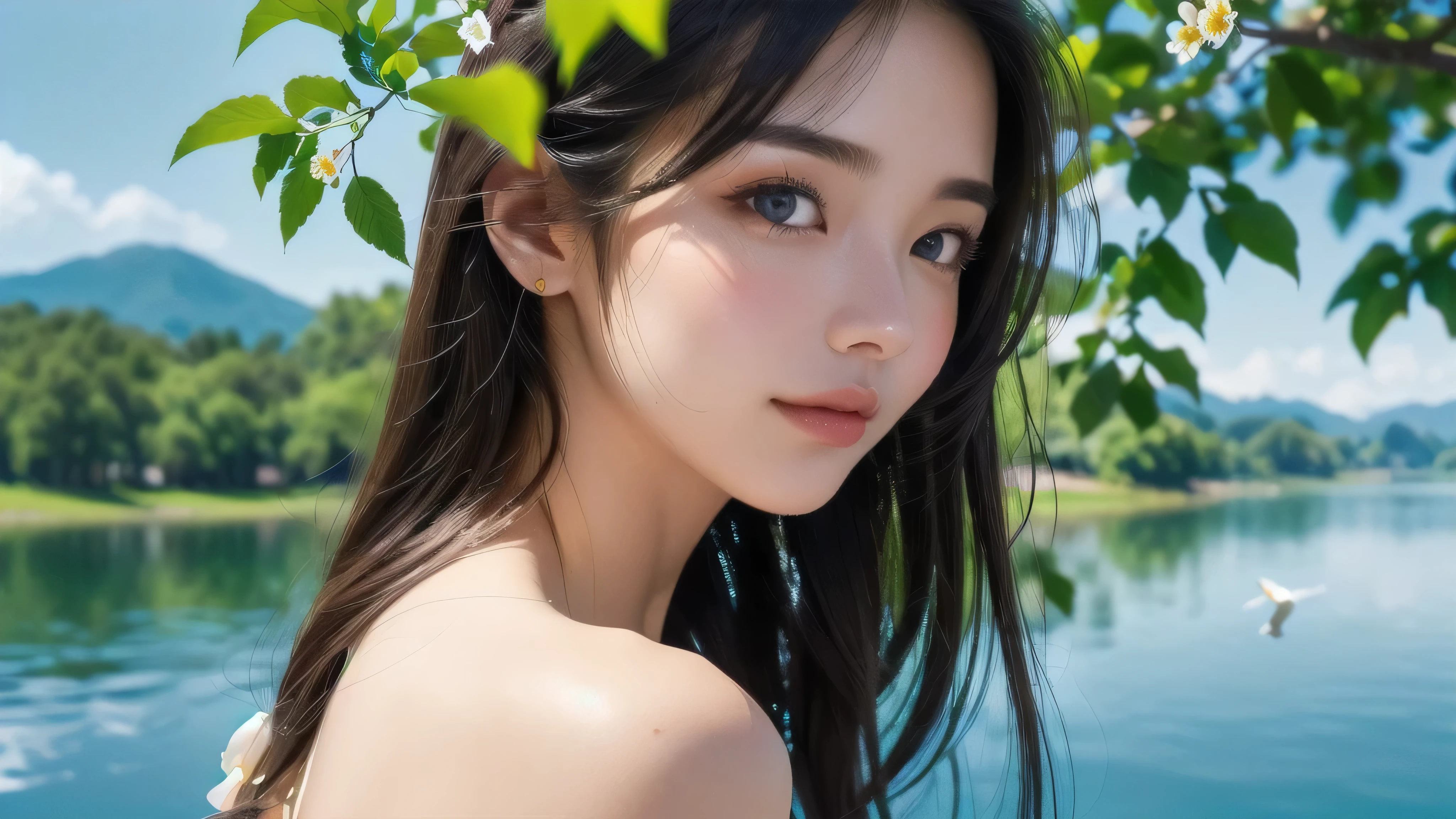 a masterpiece, (best quality,4k,8k,highres,masterpiece:1.2),ultra-detailed,(realistic,photorealistic,photo-realistic:1.37),official art,1 girl,blue hair,long hair,detailed eyes,Aganist,bare shoulders,Hanfu,lake,pure,gentle smile,bamboo,tea