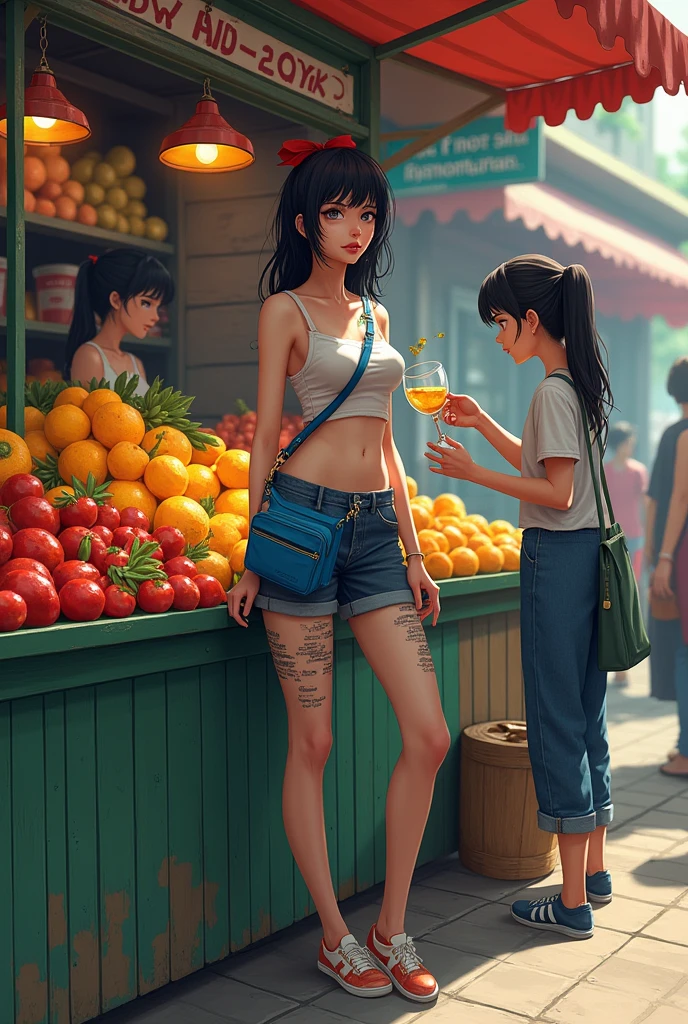 slim girl peeing into a glass, bottomless, t-shirt, lemonade stand, lemonade, pee puddle, lemonade glass