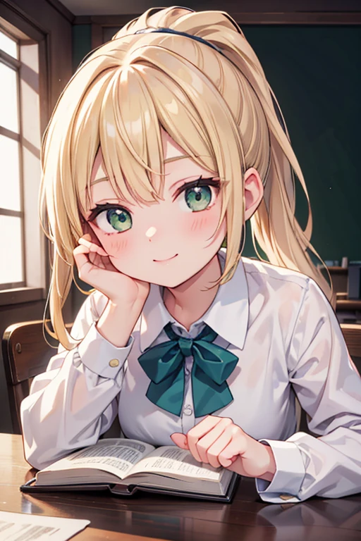 masterpiece,best quality,super detailed,super fine illustration,8k,perfect face,perfect body,English Teacher,little smile,holding textbook,Blonde,ponytail,cute,green eyes,25yo,BREAK in class room,detailed background,beautiful background,