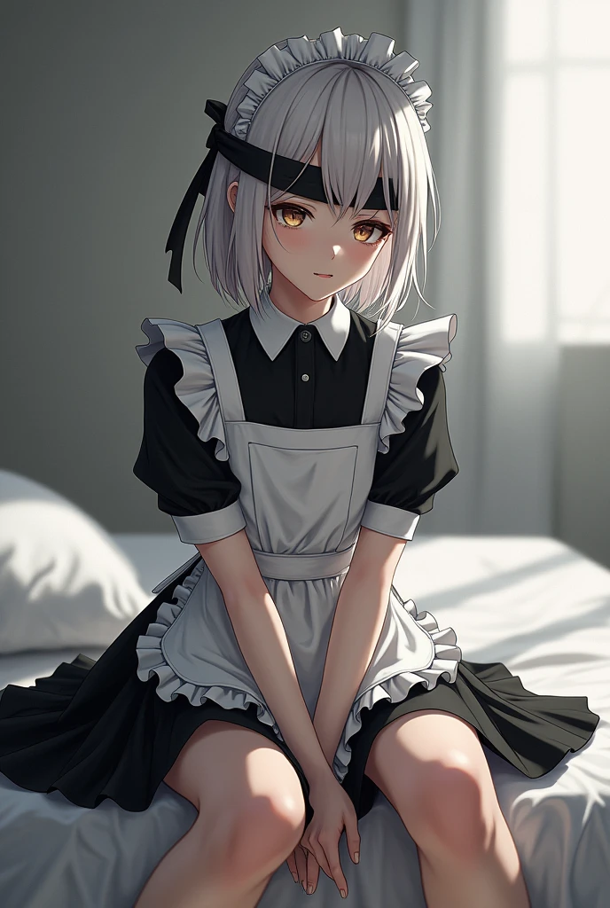 masterpiece, Highest quality, (Focus alone), (Perfect Face:1.1), (Attention to detail:1.1), Maid, Arknights, Kelsey, bed, Constraints, Blindfold, training, , Leg spread