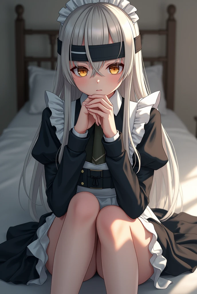 masterpiece, Highest quality, (Focus alone), (Perfect Face:1.1), (Attention to detail:1.1), Maid, Arknights, Kelsey, bed, Constraints, Blindfold, training, , Leg spread