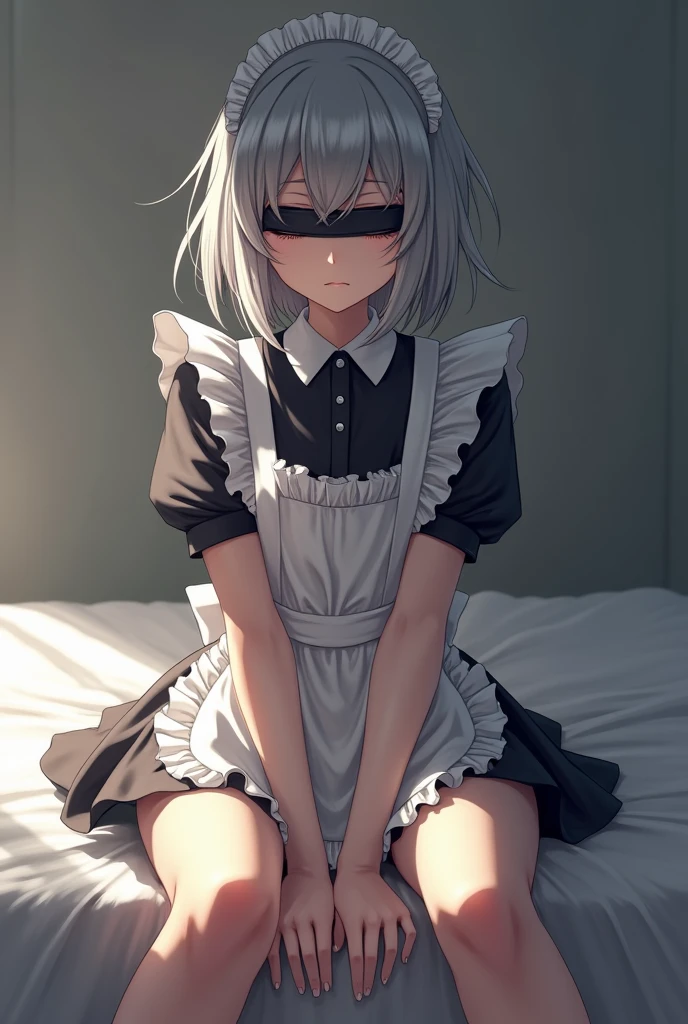 masterpiece, Highest quality, (Focus alone), (Perfect Face:1.1), (Attention to detail:1.1), Maid, Arknights, Kelsey, bed, Constraints, Blindfold, training, , Leg spread