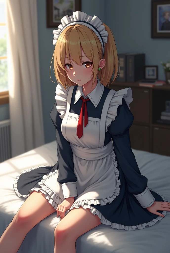 masterpiece, Highest quality, (Focus alone), (Perfect Face:1.1), (Attention to detail:1.1), Maid, Arknights, Kelsey, bed, Constraints, Blindfold, training, , Leg spread