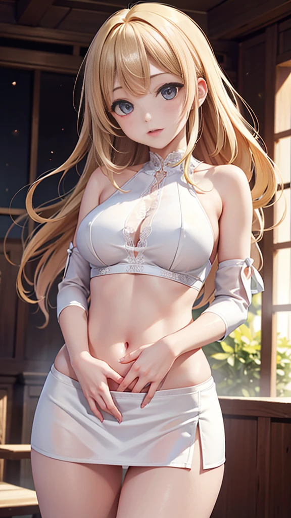 Masterpiece、最high quality、high quality、High definition、High resolution、High detail、Lens flare、Ray tracing method、high qualityの質感、high qualityの影、Beautiful details、Detailed and delicate、Detailed texture、Realistic facial expression、Realistic and colorful、Delicate、Cinematic Light、Side light、Sharp Focus、(1 woman:1.3)、(Intricate details、Makeup、Pure Eros Face_v1:0.5)、(Details Beautiful delicate face、Detailed beautiful delicate eyes、Perfect Facial Proportions、Detailed skin、Charm)、fancy hairstyles、Beautiful bangs、(Two-tone gradient hair color)、slender、(Upturned beautiful breasts)、Raise your arm and make a peace sign、(Detailed crotch、Showing off your crotch)、Female juice、((Experiencing the best orgasm))、(Light-colored V-cut、Light-colored thong)、(Thigh mini skirt、Low-rise mini skirt)、(Front-facing shirt、No sleeve、Crop top)、(The wind blows and sways、 roll up)、stage、Low-angle composition、Wide Shot