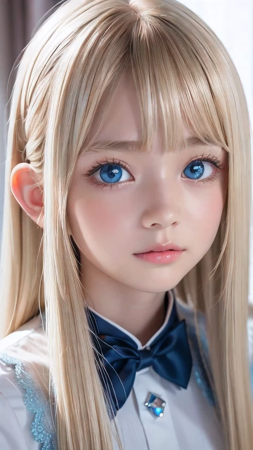 Crystal clear and shiny skin、Cute 13 year old with beautiful face、Very large, beautiful, bright, pale sky blue eyes、Very big eyes、Super long straight hair that shines in the light、Long, silky bangs that cover her cute eyes、Hair that hides sexy features、too long bangs、Sexy and cute young beauty、Super long natural young blonde hair with sparkling highlights Blonde over one eye Blonde over one eye、Blonde hair between the eyes