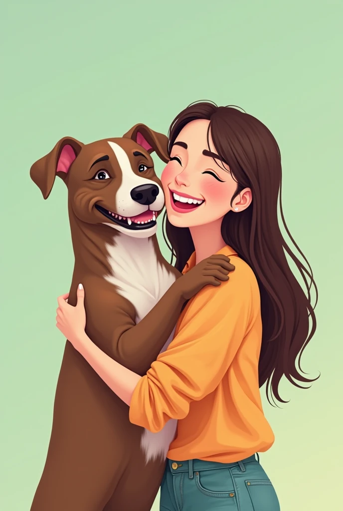 Me hugging my pitbull dog cartoon With pastel green background Let me be a girl with long straight hair who is an adult