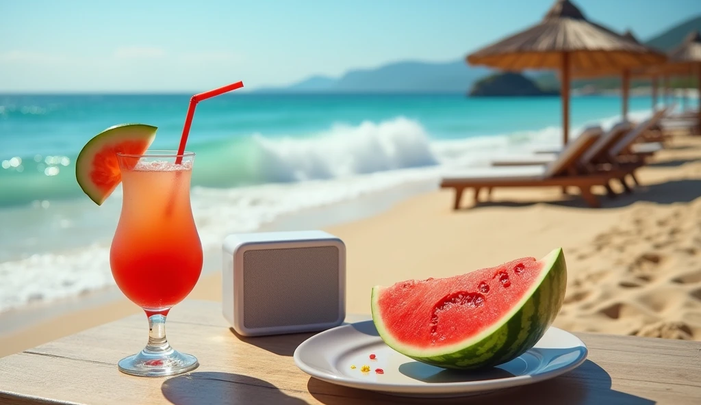 Sandy beach with waves, There are parasols, sunbeds and tables., There is a cool cocktail with a straw on the table and a classic design Bluetooth speaker and a tray., There is a delicious looking watermelon on the plate..