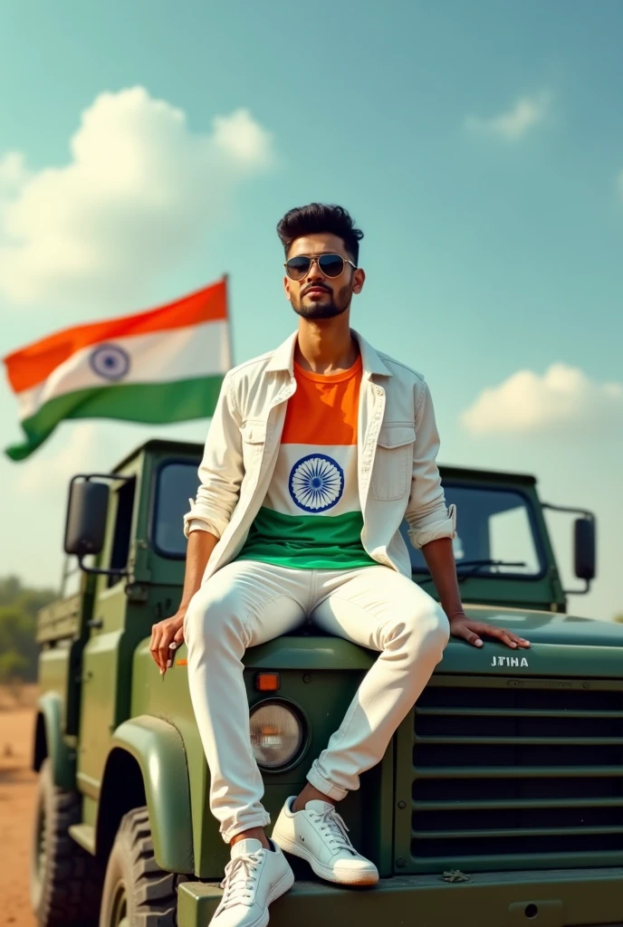Create an Real image featuring a young man
sitting on the hood of army truck, with Indian's scenic background. He's holding a flag celebrating Indian 15th August. The boy wears a tirnga T-shirt with 'MURMU' 15th August printed on it, white jacket, white pants, white shoes and sunglasses."
