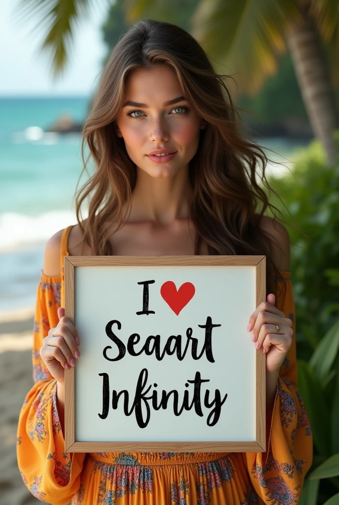 Beautiful girl with wavy long hair, bohemian dress, holding a white board with text "I Love Seaart Infinity" and showing it to the viewe sexy xxx bf gf