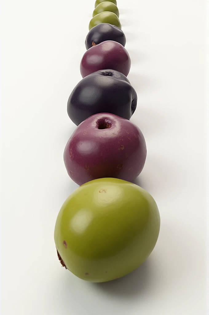 Create picture of olives in 2 rows the sequence should be from smallest to largest in size last one must be black olive rest should differ in colors but they should not look animated they must look real and later i would like you to help me naming them too as i want