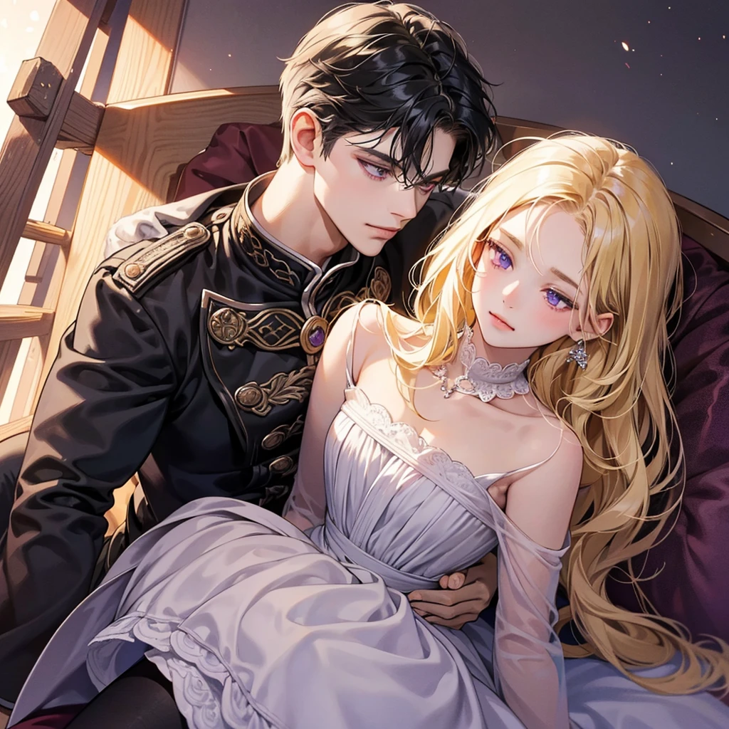 1 male 1 female, different hair color, extremely detailed face, Long black bang hair with twist and purple eyes, short dark brown hair and dark grey eyes, face to face, 25 years old, Victorian era, (( sexy pur dress evil queen with a cape)), ((male wears a long black cape)) dim light, male worship the female, female has dark hair, (laying on the bed together), male has brown hair
