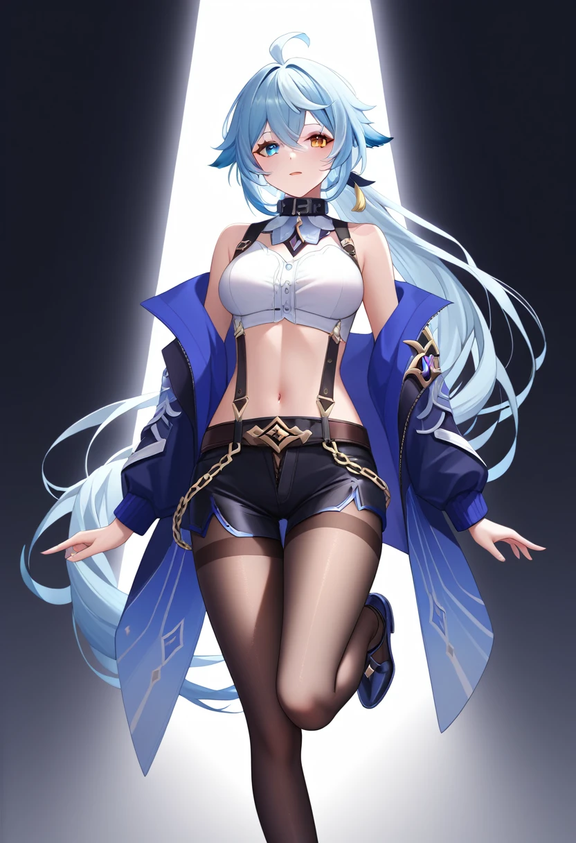 1girl, solo, furina \(genshin impact\), heterochromia, blue eyes, light blue eyes, teardrop pupil, very long hair, blue striped hair, medium breasts, ahoge, white shirt, cropped shirt, chain collar, dark blue jacket, unzipped jacket, no hood, Suspenders, belt, white short, one leg very short length and one leg long length bottoms, black pantyhose in one leg, black background, simple color background, perfect face, perfect hands, perfect fingers, non human fingers, perfect design, perfect detailed eyes, beautiful detailed eyes, top quality, best quality, masterpiece, detailed outfit, super detailed, ultra detailed, highly detailed, cinematic lighting, perfect anatomy, CG:1.9, ultra detailed:1.9, ultra-detailed:1.9, high resolution:1.9, high res:1.9, absurdres:1.9, masterpiece:2, high quality:2, best quality:2, (ultra-detailed), (illustration), (disheveled hair), (beautiful detailed eyes), beautiful, amazing, detailed eyes, (masterpiece), best quality, ((ultra-detailed)), ((an extremely detailed and delicate)), (8k cg wallpaper), (stunning art), ((illustration))